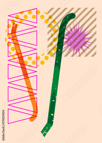 Risograph Crowbar with geometric shapes. Objects in trendy riso graph print texture style design with geometry elements.