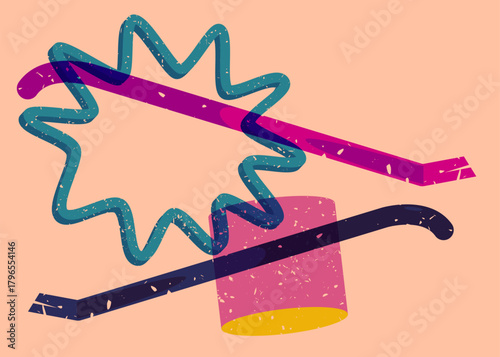 Risograph Crowbar with geometric shapes. Objects in trendy riso graph print texture style design with geometry elements.