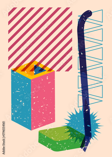 Risograph Crowbar with geometric shapes. Objects in trendy riso graph print texture style design with geometry elements.