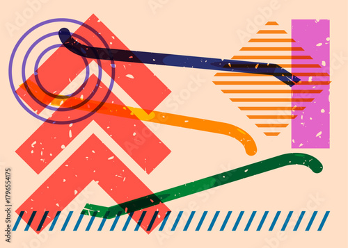 Risograph Crowbar with geometric shapes. Objects in trendy riso graph print texture style design with geometry elements.