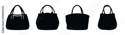 Collection of four diverse black handbags featuring unique shapes and handle styles