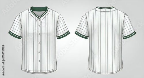 A blank white baseball jersey template with green pinstripes and trim from front and back