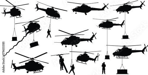 Helicopter operation silhouette set, military airlift vector, rescue and cargo lift design, aviation graphics, tactical aircraft illustration collection