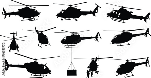 Helicopter silhouette illustration set, tactical airlift and rescue vector, aviation design, cargo transport graphics, airborne operation collection