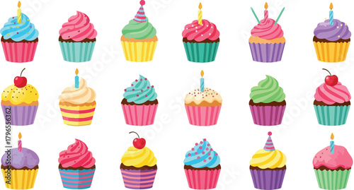 A colorful arrangement of eighteen cartoon cupcakes, each uniquely decorated with frosting, sprinkles, cherries, candles, and party hats.