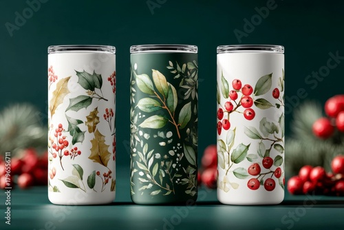 3 white, slender tumbler mockups, with a christmas themed background
