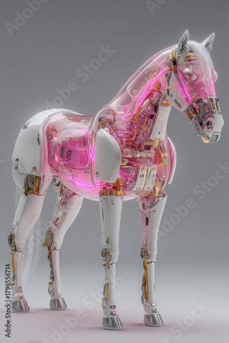 mechanical horse with pink neon light inside the body, white background