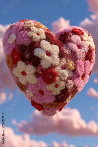 heart shaped design with flowers, in pink and red colors, floating in the sky, on a bright background