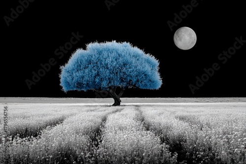 a blue tree in the middle of a field with blue flowers, under moonlight, in black and white photography.