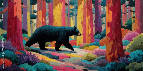 black bear walking in the forest, with vibrant, colorful hues