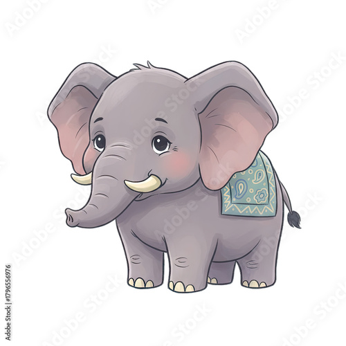Cute cartoon elephant with big ears wearing a decorative blanket on its back and a small tail stands on a transparent background