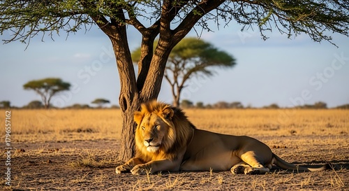 A majestic lion rests in the shade of a tree in a grassy African savanna landscape.