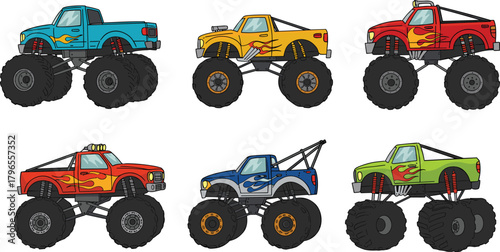 Monster truck illustration, colorful off-road vehicles, flame decals, elevated suspension, oversized tires, kids poster, stunt show, racing, vector art, fun