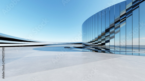 Abstract architecture, architectural background, Curved glass building for car presentation backdrop with empty concrete floor, 3d rendering