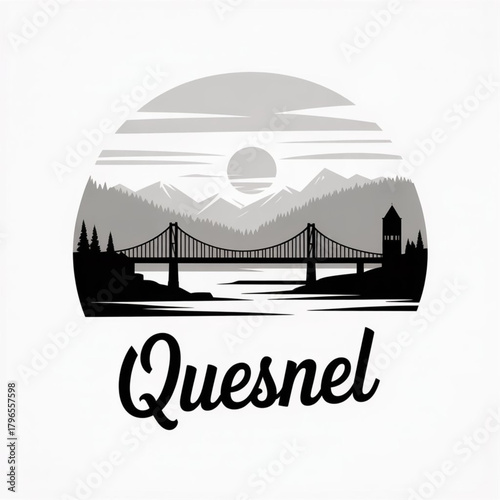 ‎Quesnel British Columbia Skyline Silhouette — A Historic Cariboo Mountain Town in BC Canada Vector Illustration