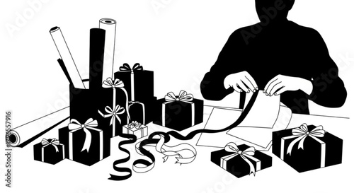Silhouette of a person wrapping presents at a cluttered table.