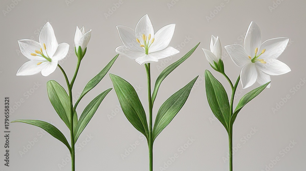 Fototapeta premium White Star - shaped Flowers with Green Leaves on Gray Background