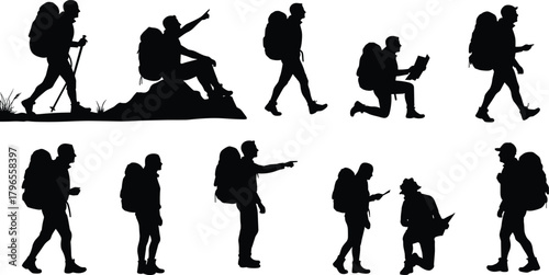 Hiker silhouette set, trekking posture collection, outdoor exploration vector, hiking gear illustration, nature trail design, adventure activity pose series