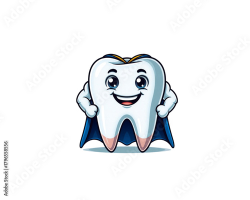 Cute superhero tooth character mascot with a blue cape for dental care