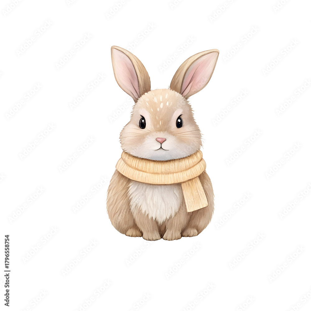 Obraz premium Watercolor Cute bunny wearing a yellow scarf isolated on a transparent background