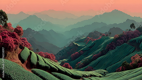 Hyper-real tea plantation forming 3D wave patterns, sunrise haze, soft pastel green-pink palette, aerial view, illustration style.