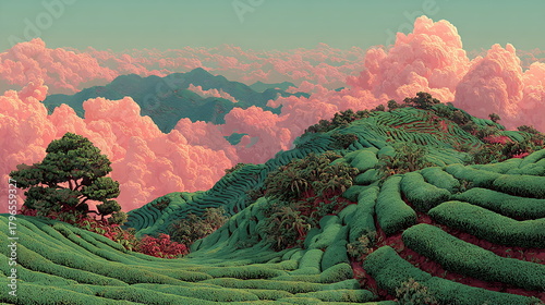 Hyper-real tea plantation forming 3D wave patterns, sunrise haze, soft pastel green-pink palette, aerial view, illustration style.