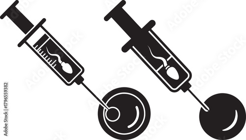 Fertilization process depicted through medical syringe and egg cell silhouette