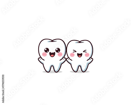 Cute happy cartoon teeth holding hands on a white background