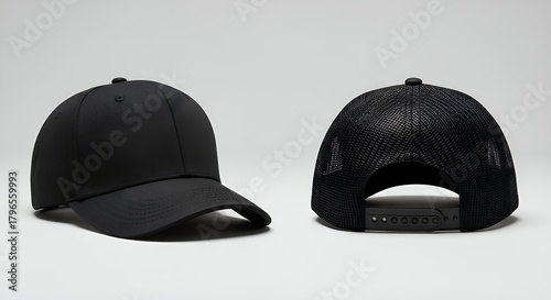 Plain black baseball cap with a mesh trucker back shown from the front and rear views