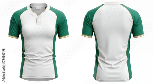 A blank white and green baseball jersey mockup with short raglan sleeves in front and back views