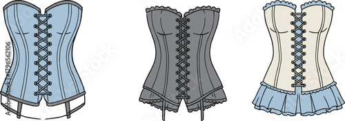 Vintage corset illustration, fashion sketch, lingerie design, garment detail, historical costume, feminine silhouette, structured bodice, decorative trim, stylish apparel