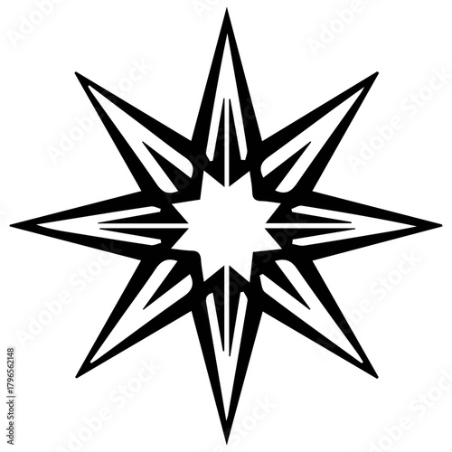 Abstract geometric starburst shape with sharp points and intricate details isolated on white background silhouette