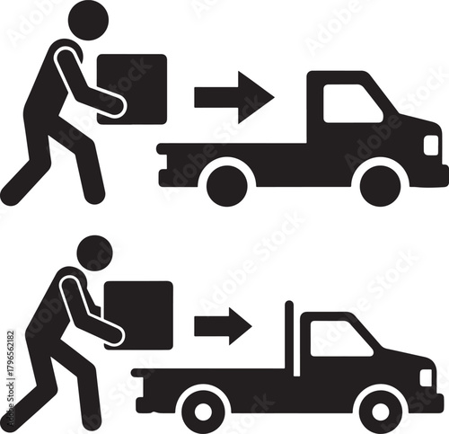 Delivery truck loading and unloading package silhouette