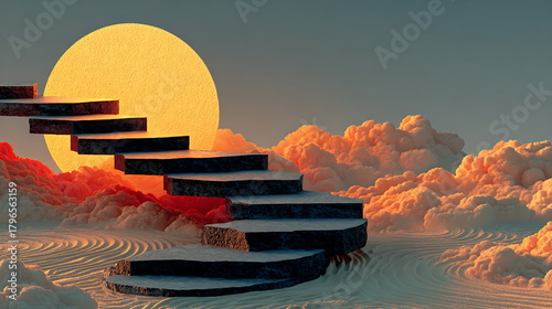 Minimalist zen garden on floating stone platforms above clouds, soft warm sunset lighting, golden sand patterns, serene illustration.