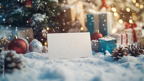 Blank card ready for festive holiday greetings amidst snowy Christmas tree, presents, and glowing lights, perfect for seasonal messages