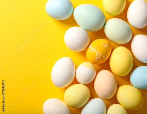 Pastel-colored Easter eggs scattered on a vibrant yellow background
