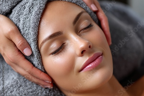 a woman lies on her back with both hands placed above her head, in an all-gray spa setting