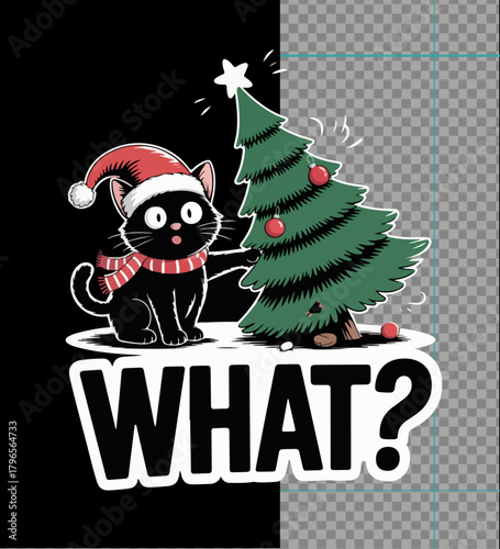 Illustration of funny black cat wearing a santa hat and scarf, looking confused at a christmas tree with the word what