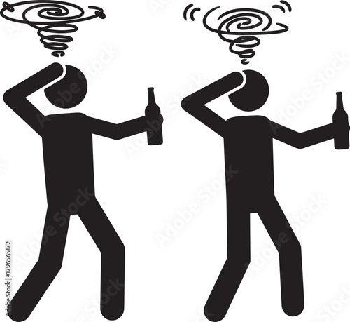 Two dizzy stick figures holding bottles silhouette