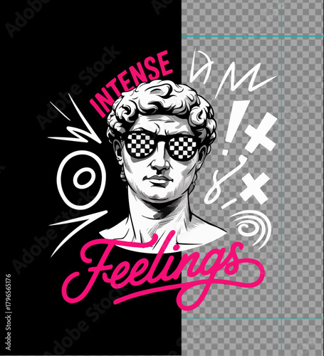 Illustration of david statue wearing checkered sunglasses with text intense feelings and graphic elements
