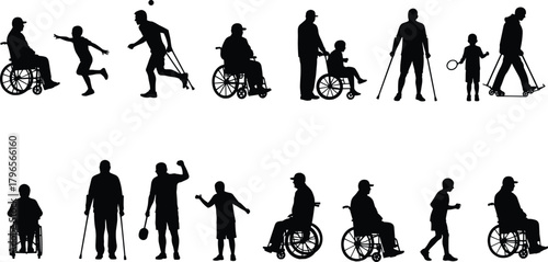 Inclusive silhouettes, wheelchair, crutches, child interaction, mobility aid icons, black vector set, caregiving poses, white background, accessibility design