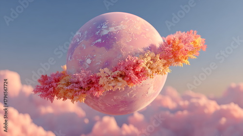 Orbiting ring of autumn leaves around a pastel planet, soft gradient sky, whimsical sci-fi illustration.