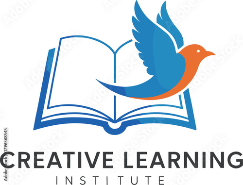 Creative learning institute logo with open book and flying bird symbolizing education, freedom, knowledge, inspiration, academic growth, and modern design