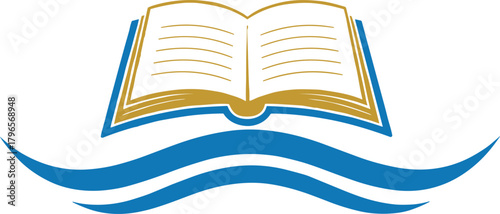 Elegant open book with flowing wave elements symbolizing education, learning, knowledge, creativity, academic growth, literacy, and modern educational logo design