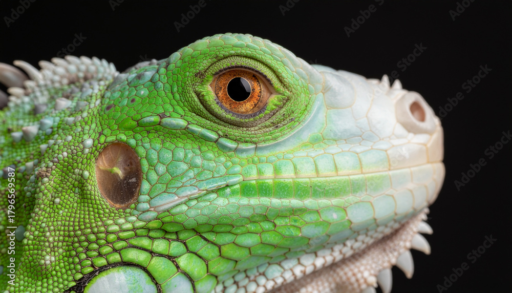 Fototapeta premium Close-up portrait of a vibrant green iguana's head against a dark background