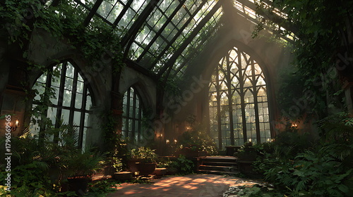Post-apocalyptic greenhouse built inside a ruined skyscraper, vines and fog, warm golden backlight, high-detail concept art.