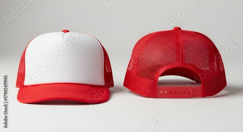 Front and back views of a blank red and white mesh snapback trucker hat for branding design