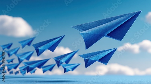 A flock of paper airplanes soaring in a bright, partly cloudy blue sky, one leading