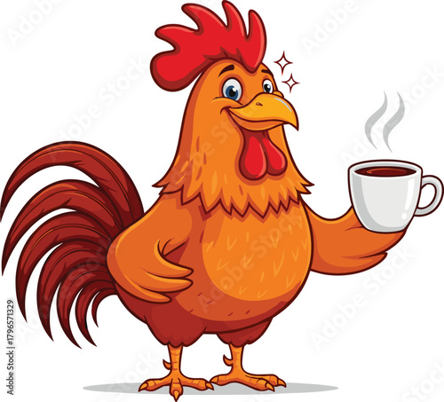 Funny cartoon rooster holding a hot coffee cup, cheerful morning chicken character illustration for breakfast, café, and farm concept design.
