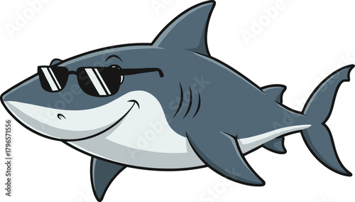 Cool cartoon shark wearing sunglasses, funny smiling blue shark character illustration, ocean animal mascot, summer sea creature on white background
